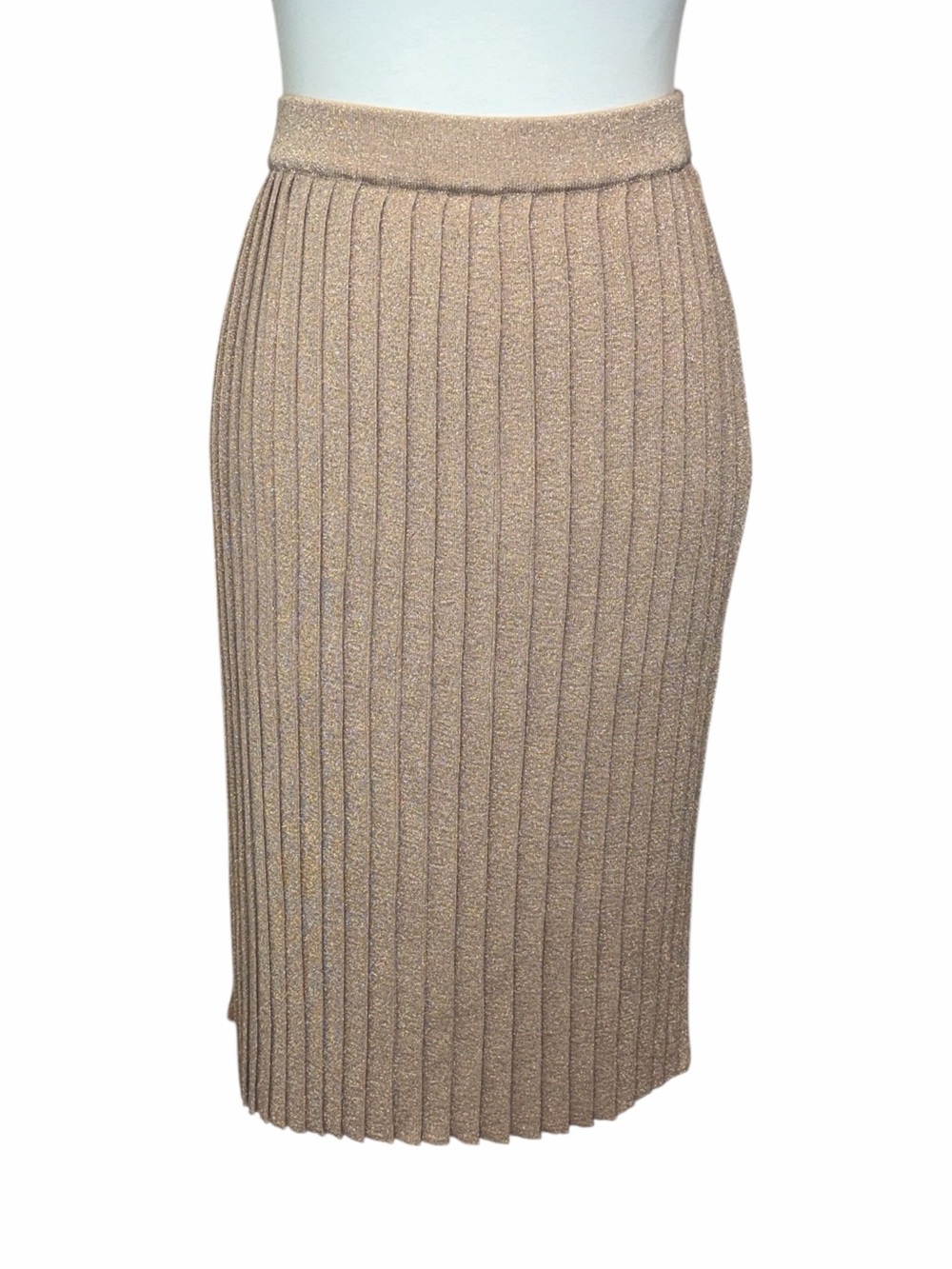 Farm Rio Classic Ribbed Knit Pencil Skirt in Gold Beige